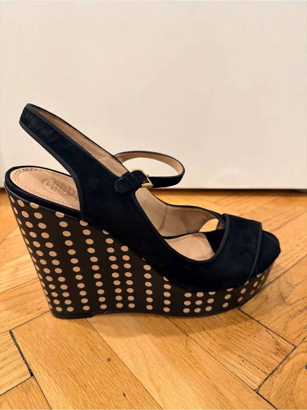 Tory Burch Black Suede Polka Dot Platform Wedge Sandals Size 11